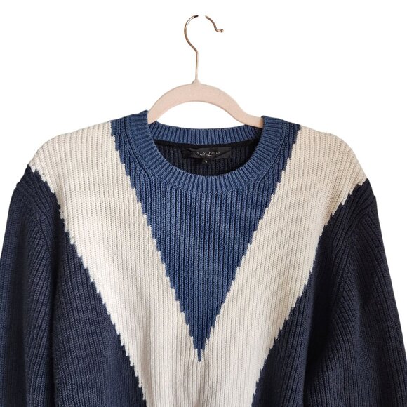 Rag & Bone Sweater Men's Large Blue Emory Cotton Crew Neck Colorblock Cotton - Picture 2 of 10